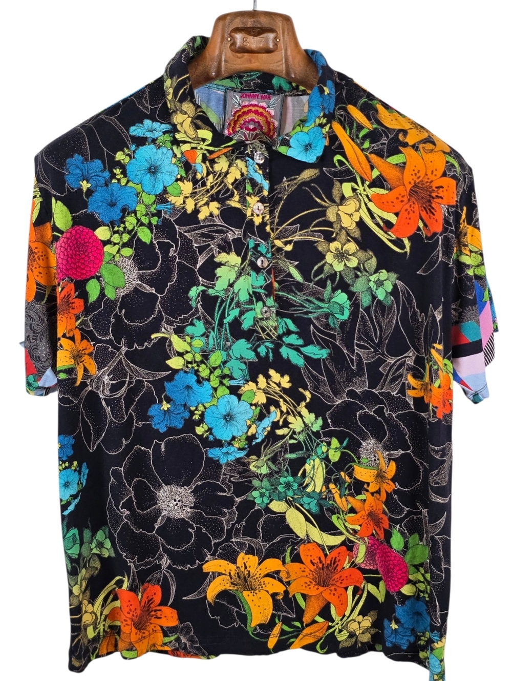Johnny Was Nero Sequence Bamboo Floral Polo Shirt Black Multi Size Medium